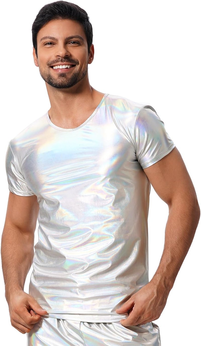 ABAFIP Men's Shiny Tank Top Short Sleeve Dance Shirt 70s Bodycon Party Music Festival T-Shirts - Image 5